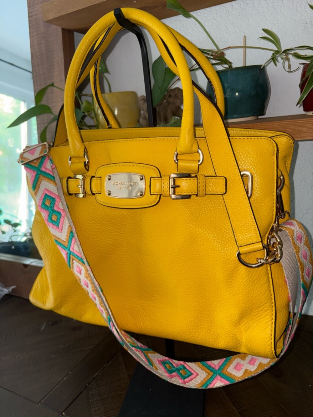 Michael Kors Yellow Pebbled Leather Belted Satchel Hamilton Style Crossbody